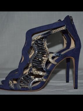 Sz 36.5 6 Alexandre Birman Navy Suede Snakeskin Detail Zip Pumps Heels